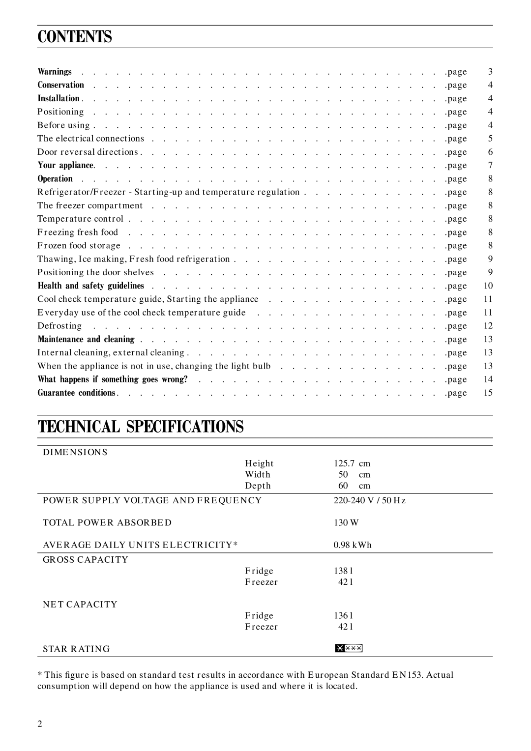 Zanussi ZFC 50/17 AL manual Contents, Technical Specifications 