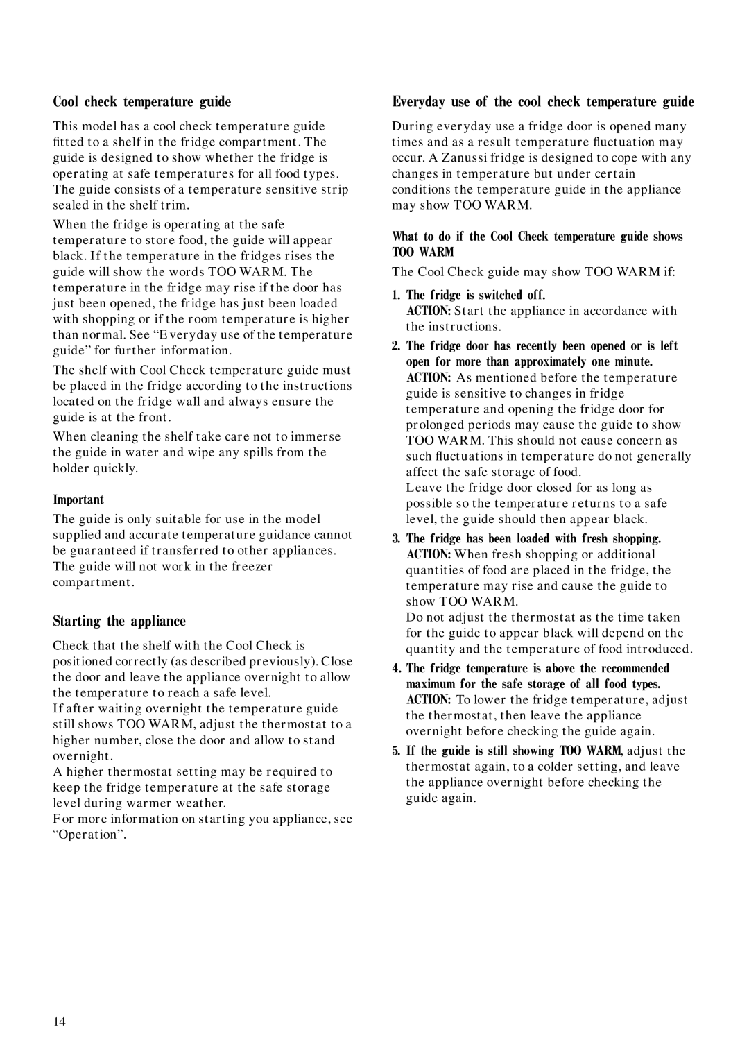 Zanussi ZFC 60/30 LE manual Cool check temperature guide, Starting the appliance 