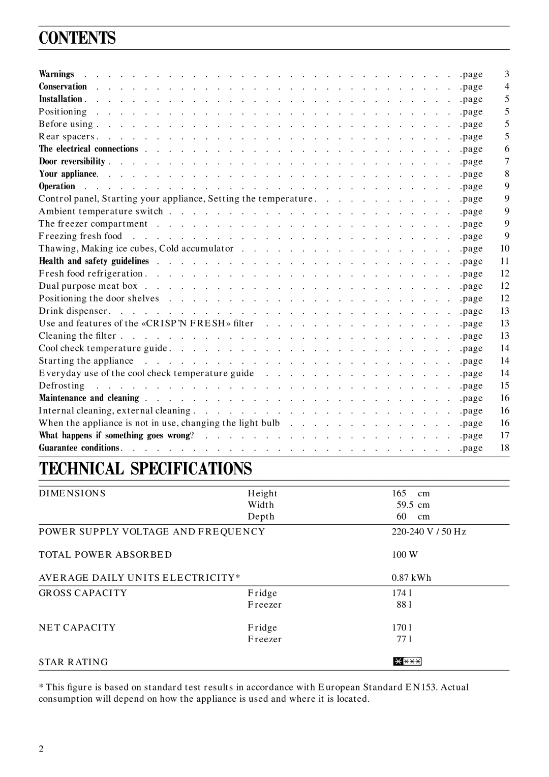 Zanussi ZFC 60/30 LE manual Contents, Technical Specifications 