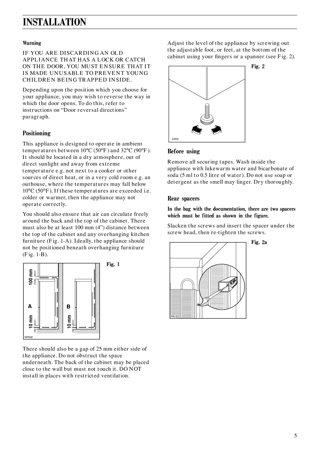 Zanussi ZFC 60/30 LE manual Installation, Positioning, Before using, Rear spacers 