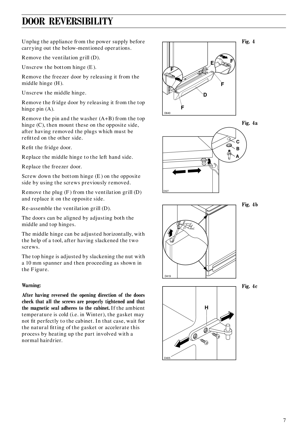 Zanussi ZFC 60/30 LE manual Door Reversibility 