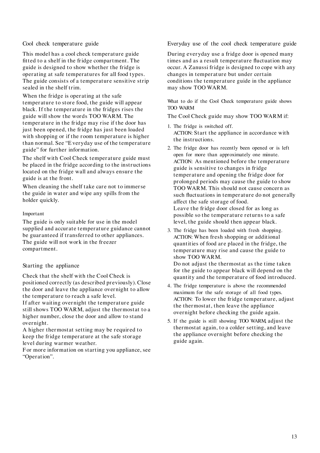 Zanussi ZFC 61/27 Cool check temperature guide, Starting the appliance, Everyday use of the cool check temperature guide 