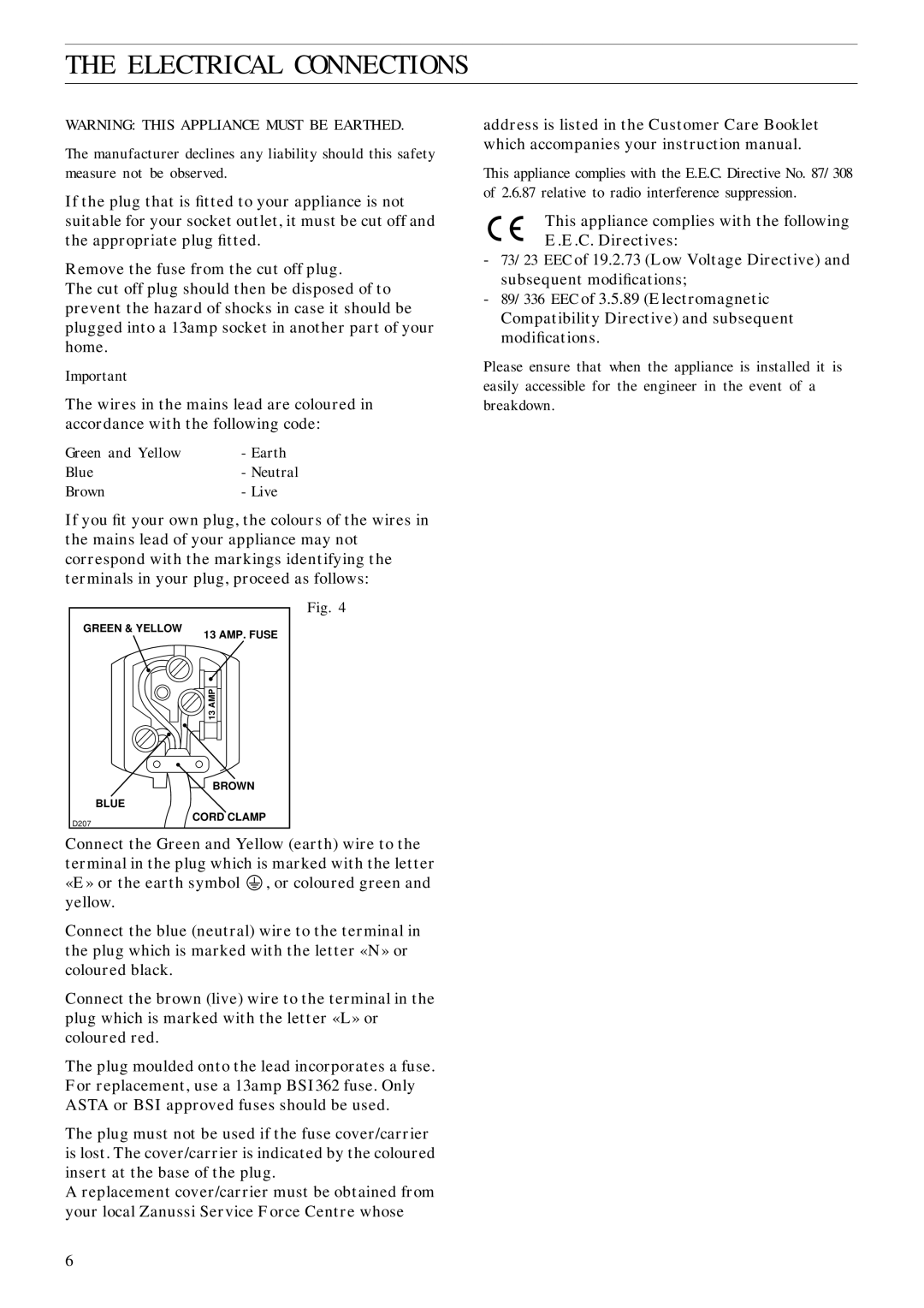 Zanussi ZFC 61/27 manual Electrical Connections 