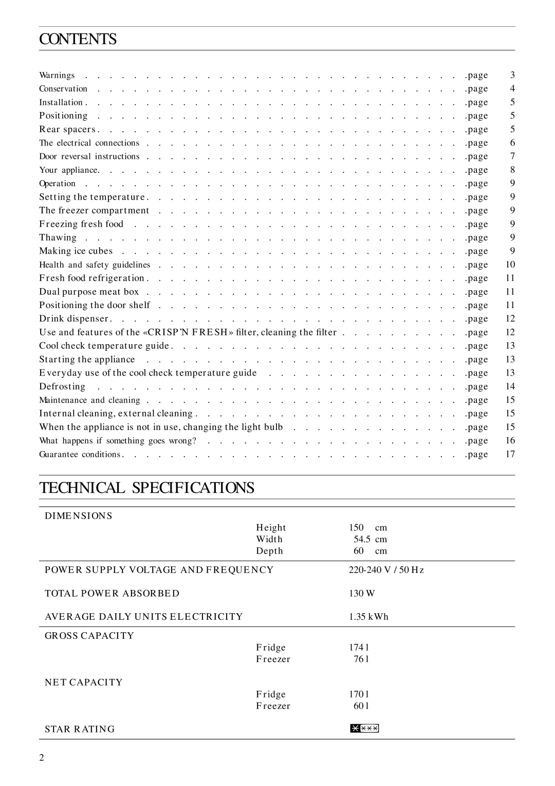 Zanussi ZFC 61/27 manual Contents, Technical Specifications 