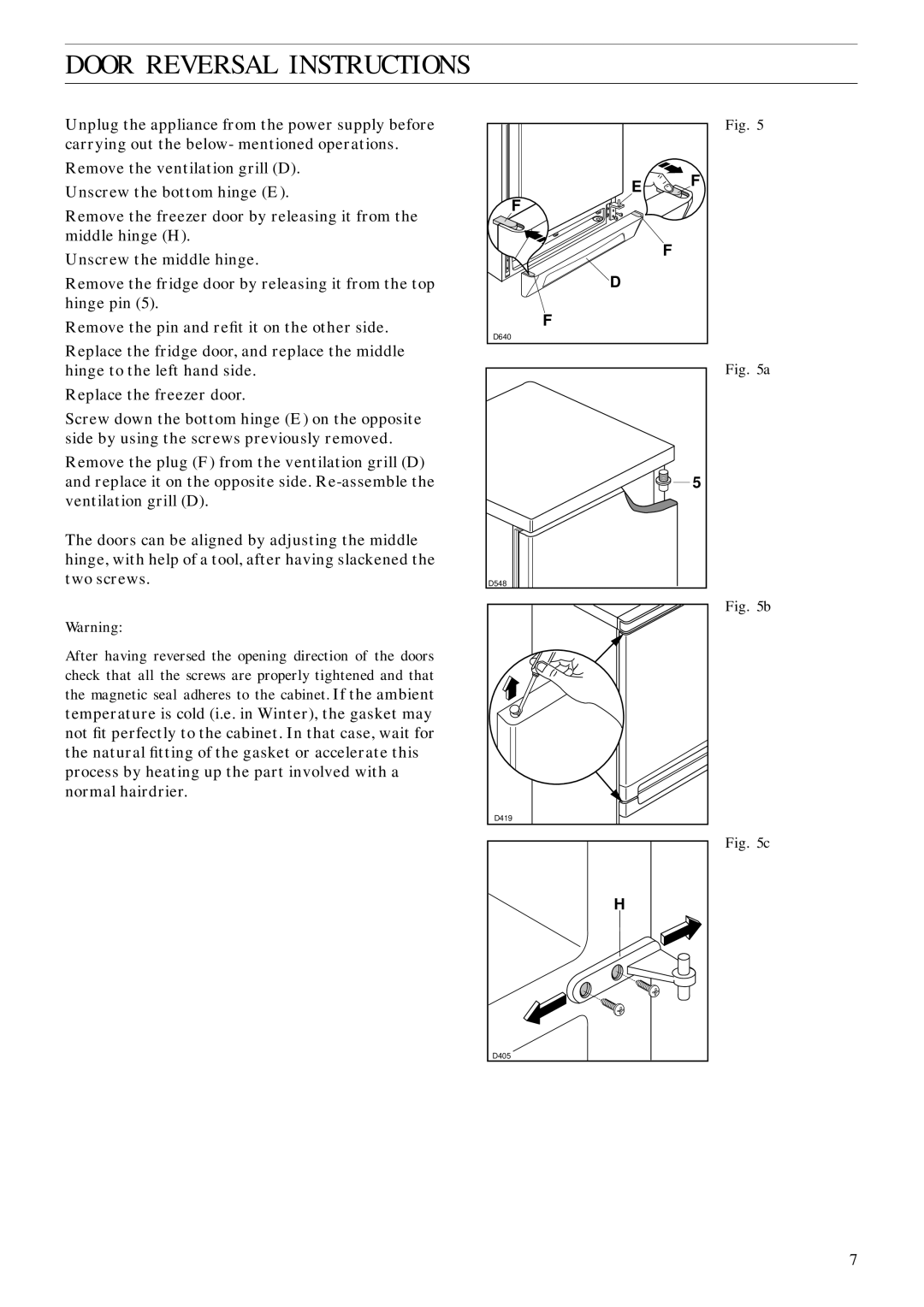 Zanussi ZFC 61/27 manual Door Reversal Instructions 