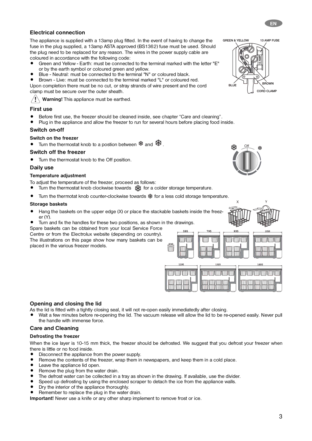 Zanussi ZFC 626 WA Electrical connection, First use, Switch on-off, Switch off the freezer, Daily use, Care and Cleaning 