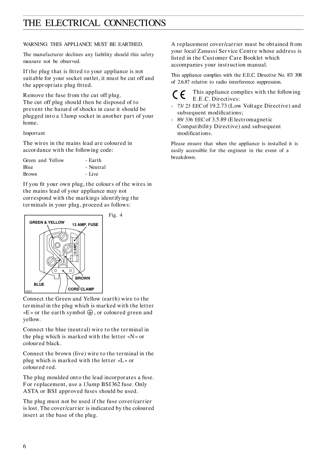 Zanussi ZFC 62/23 FF manual Electrical Connections 