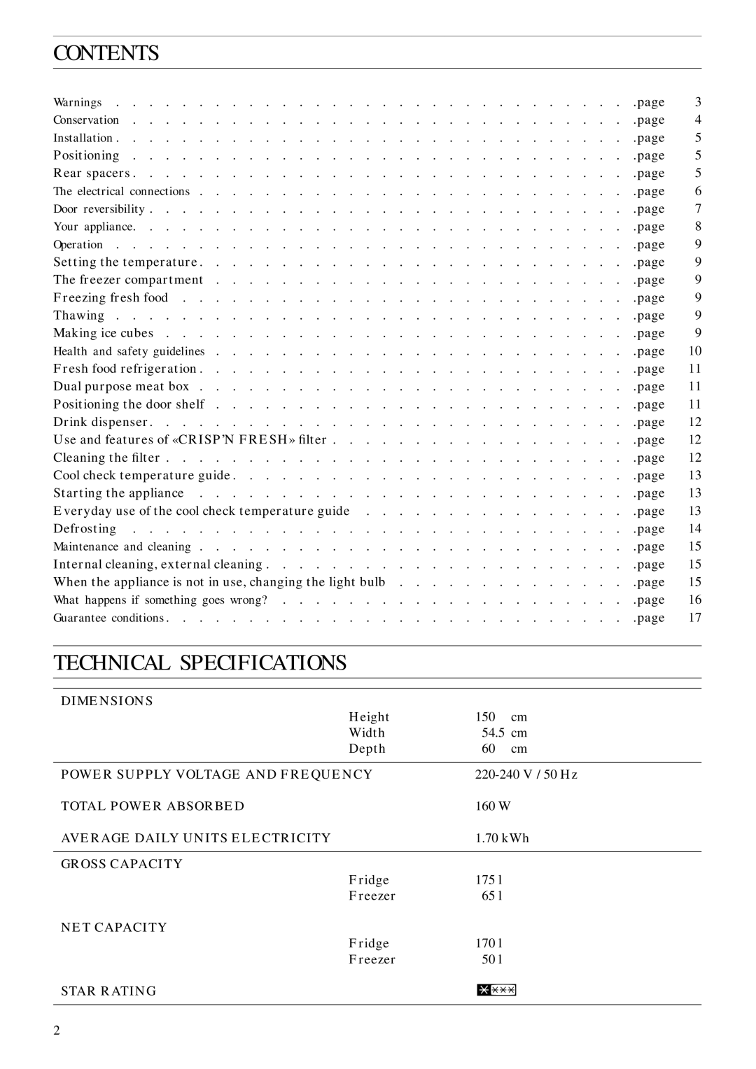 Zanussi ZFC 62/23 FF manual Contents, Technical Specifications 