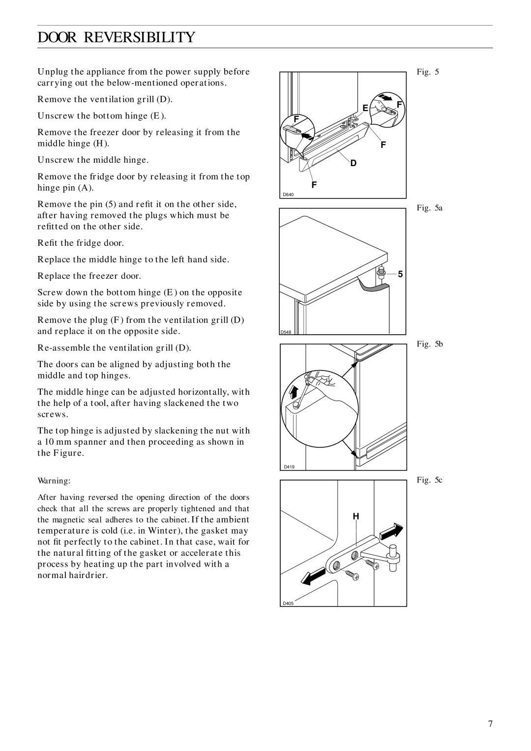 Zanussi ZFC 62/23 FF manual Door Reversibility 