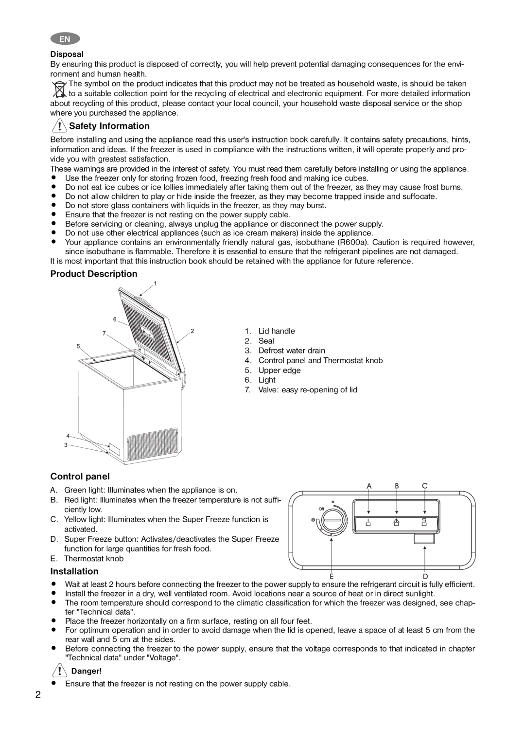 Zanussi ZFC 632 WAP, ZFC 638 WAP user manual Safety Information, Product Description, Control panel, Installation, Disposal 