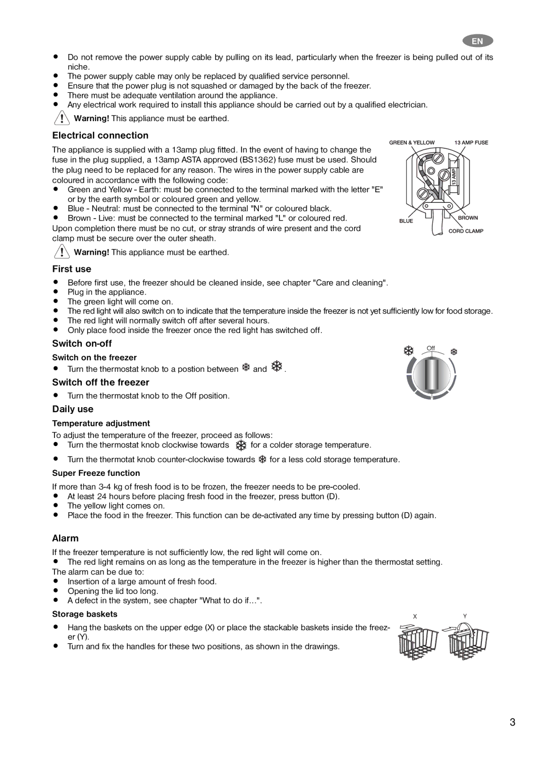 Zanussi ZFC 638 WAP, ZFC 632 WAP Electrical connection, First use, Switch on-off, Switch off the freezer, Daily use, Alarm 