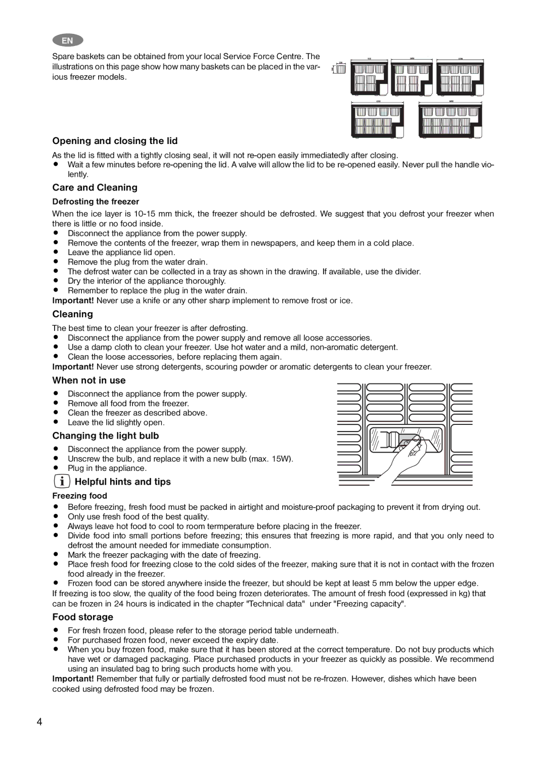 Zanussi ZFC 632 WAP Opening and closing the lid, Care and Cleaning, When not in use, Changing the light bulb, Food storage 