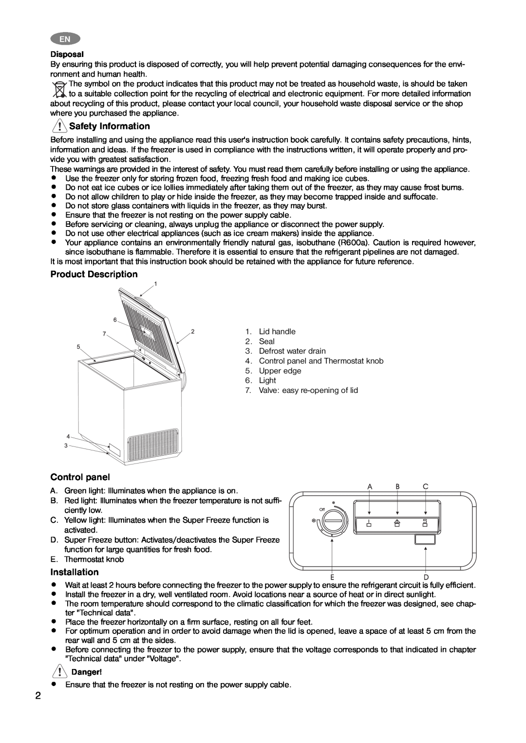 Zanussi ZFC 632 WAP, ZFC 638 WAP Safety Information, Product Description, Control panel, Installation, Disposal, Danger 
