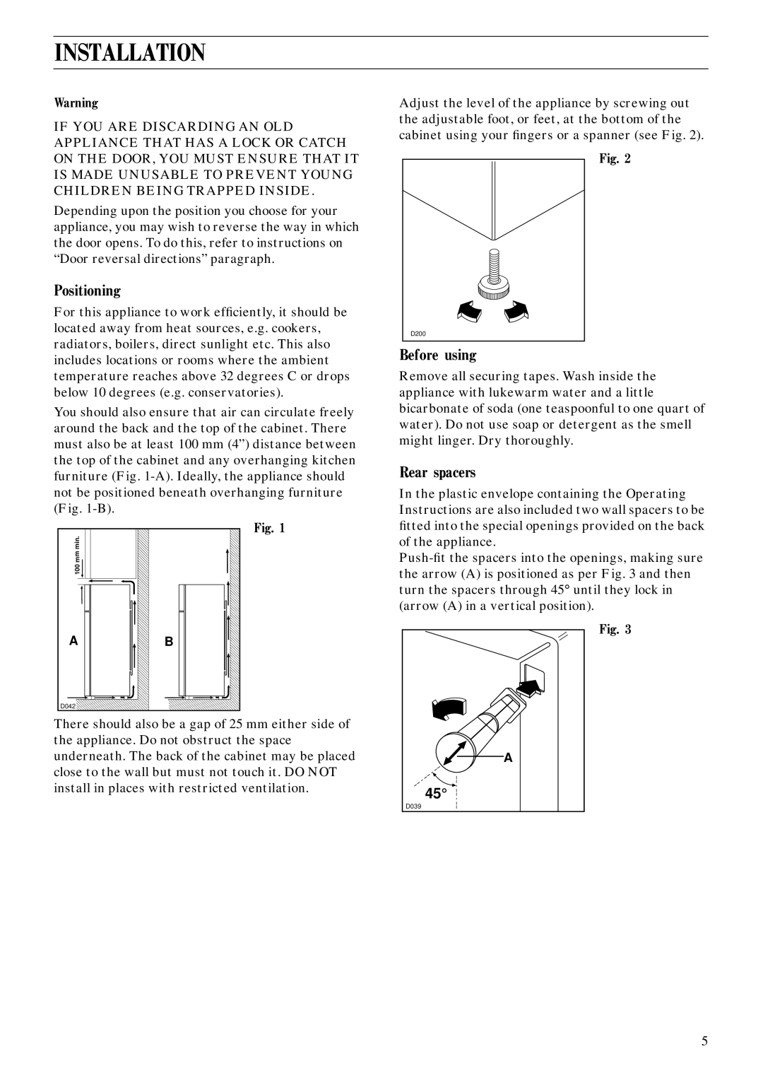 Zanussi ZFC 66/14 manual Installation, Positioning, Before using, Rear spacers 