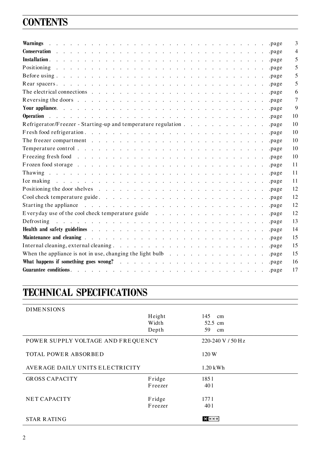 Zanussi ZFC 66/14 manual Contents, Technical Specifications 