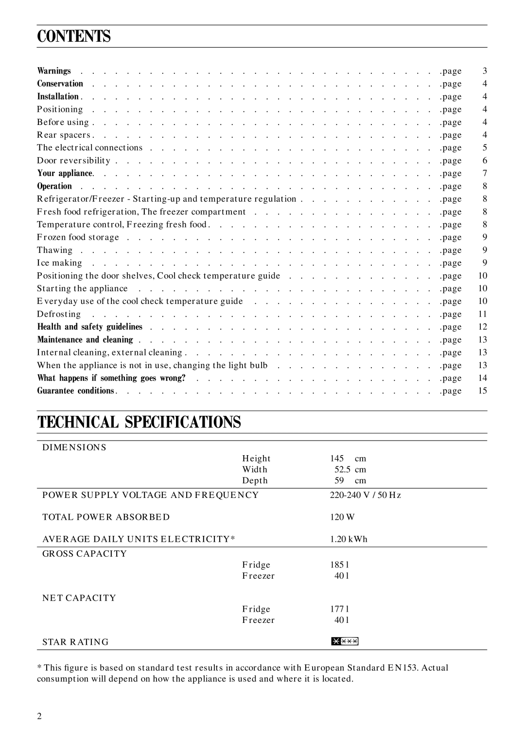Zanussi ZFC 67/14 manual Contents, Technical Specifications 