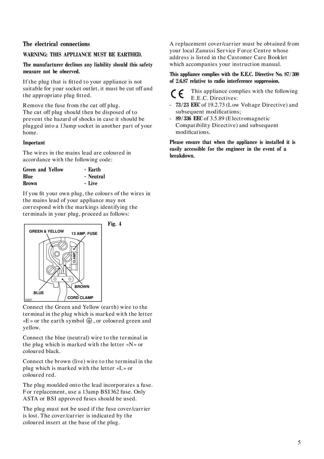 Zanussi ZFC 67/14 manual The electrical connections 
