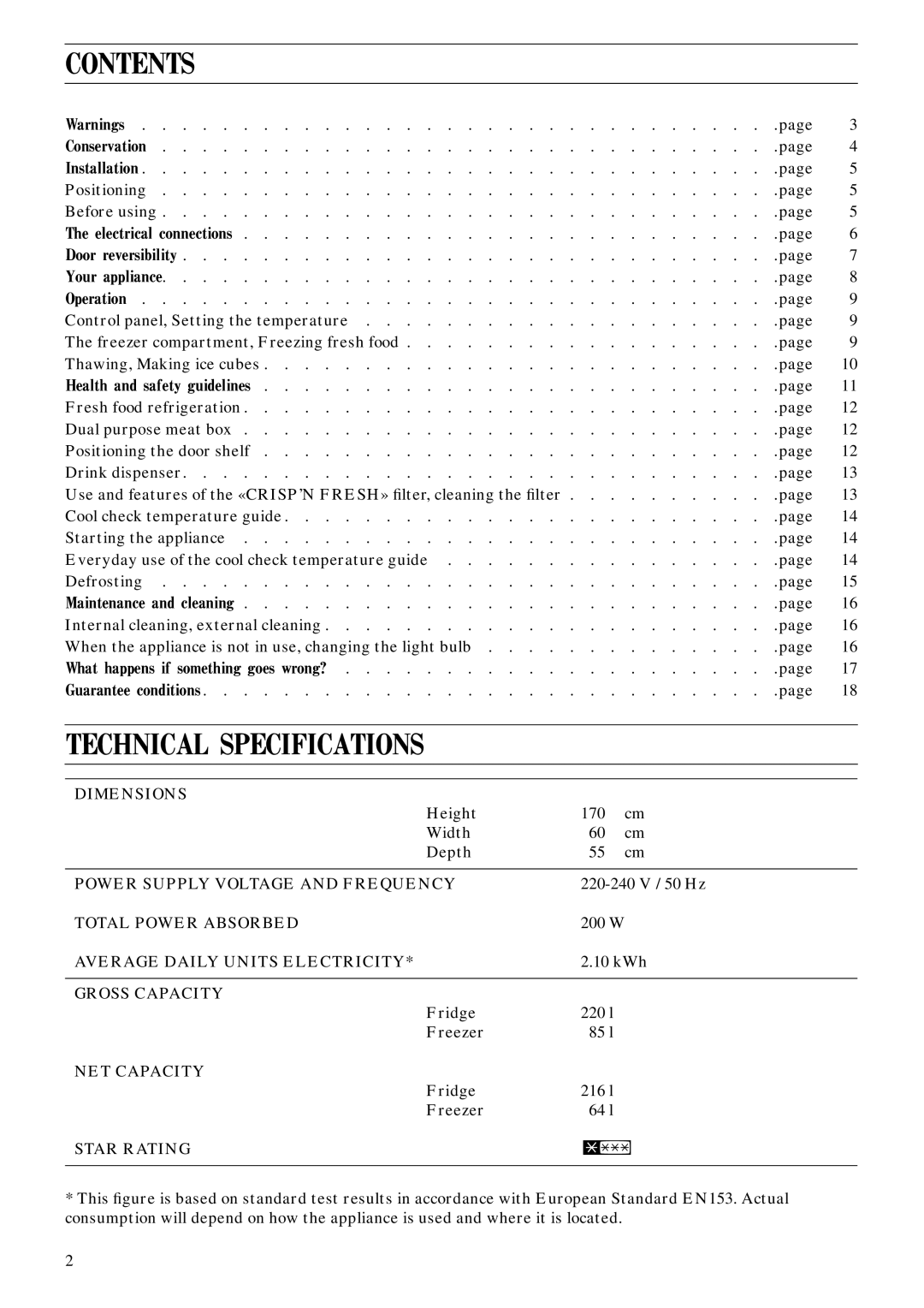 Zanussi ZFC 77/31 FF manual Contents, Technical Specifications 