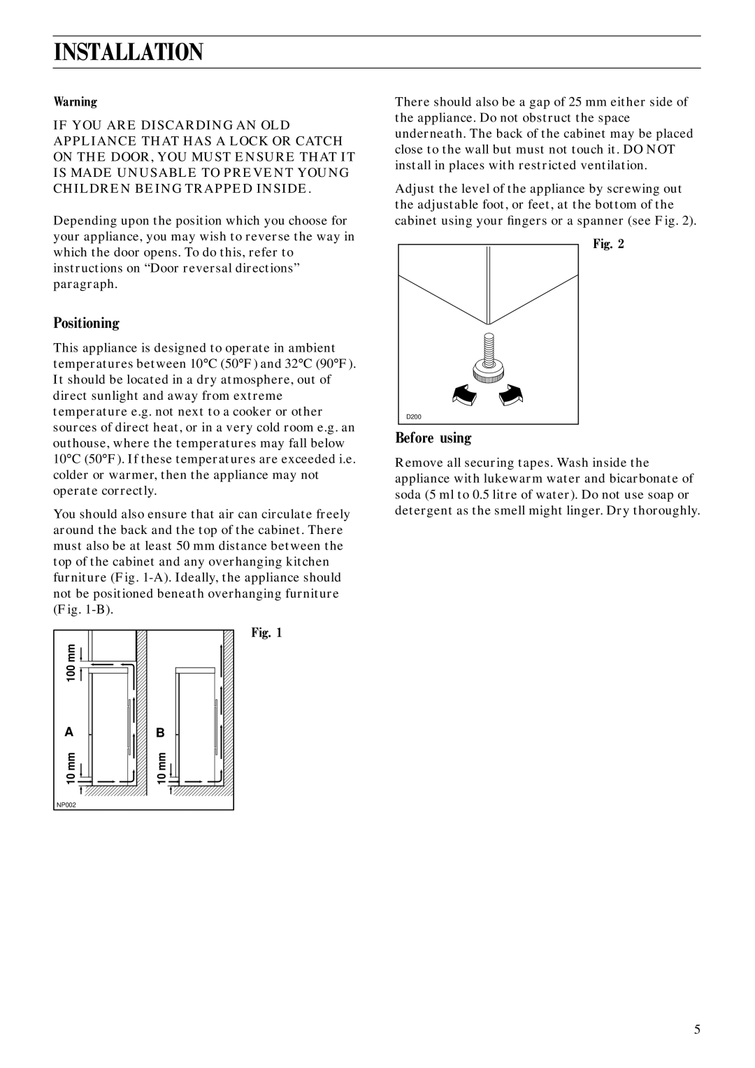 Zanussi ZFC 77/31 FF manual Installation, Positioning, Before using 