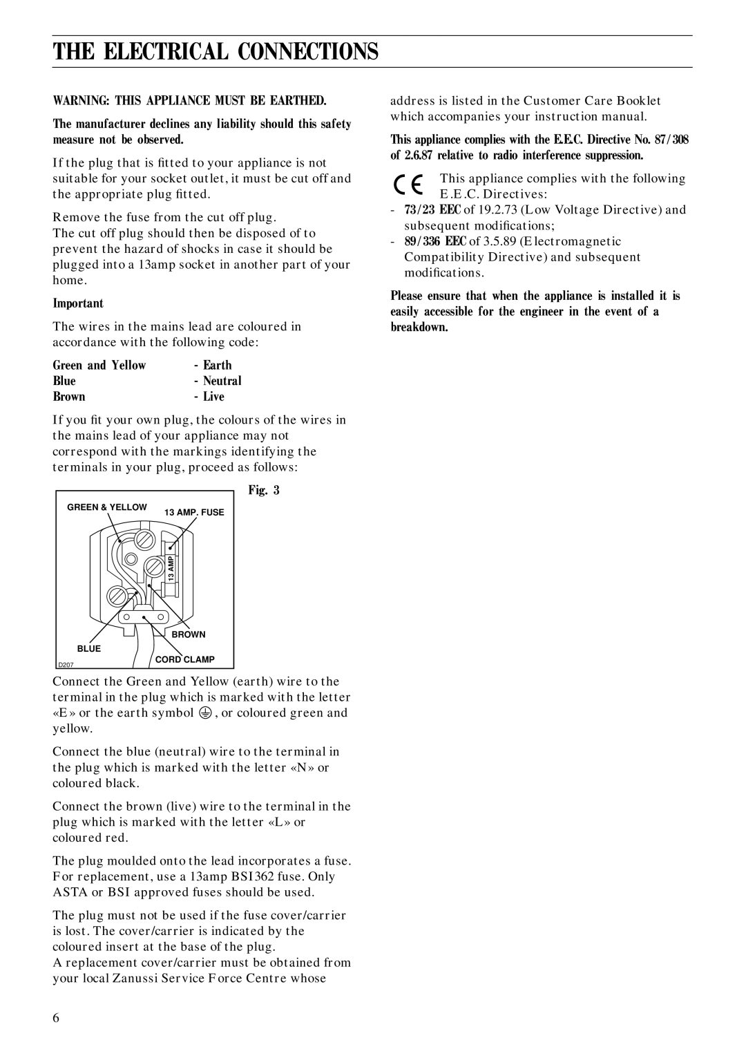 Zanussi ZFC 77/31 FF manual Electrical Connections 