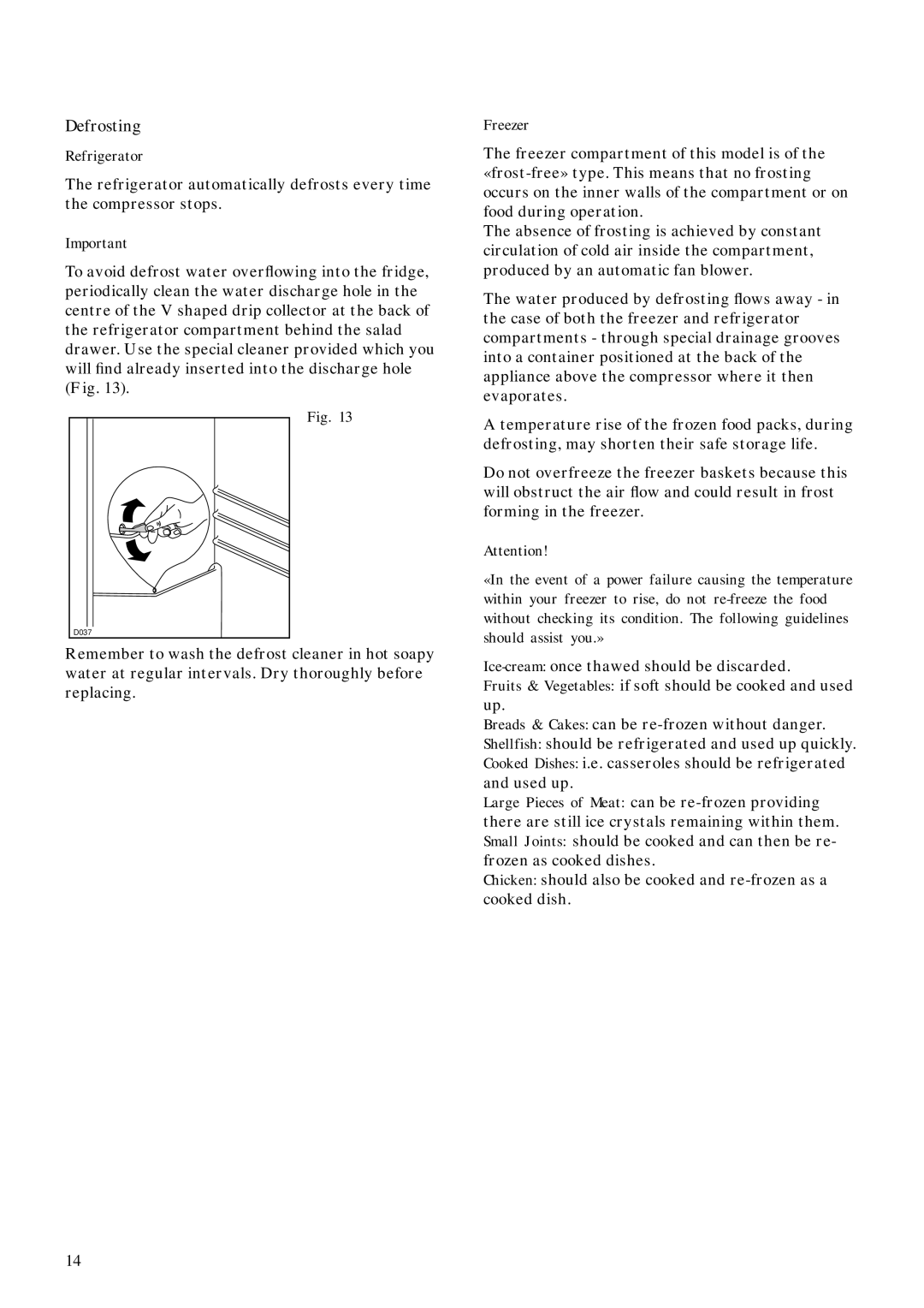 Zanussi ZFC 80/30 FF manual Defrosting, D037 