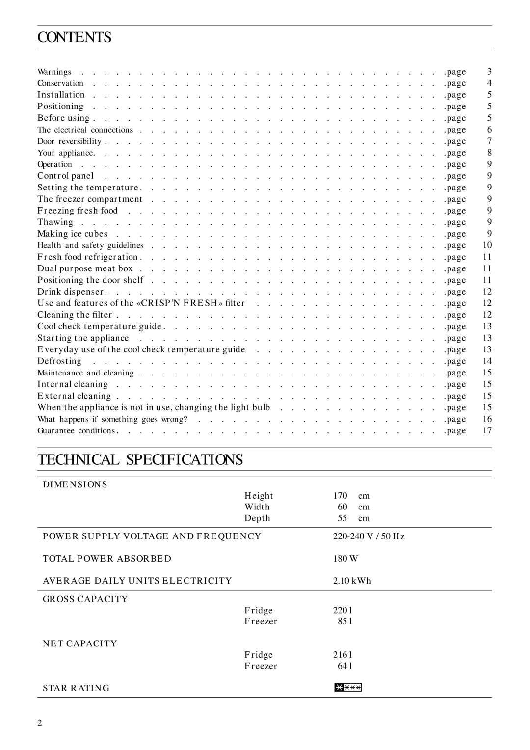 Zanussi ZFC 80/30 FF manual Contents, Technical Specifications 