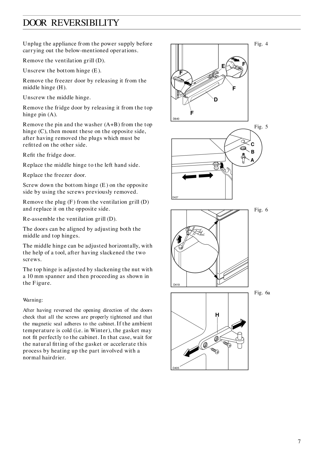 Zanussi ZFC 80/30 FF manual Door Reversibility 