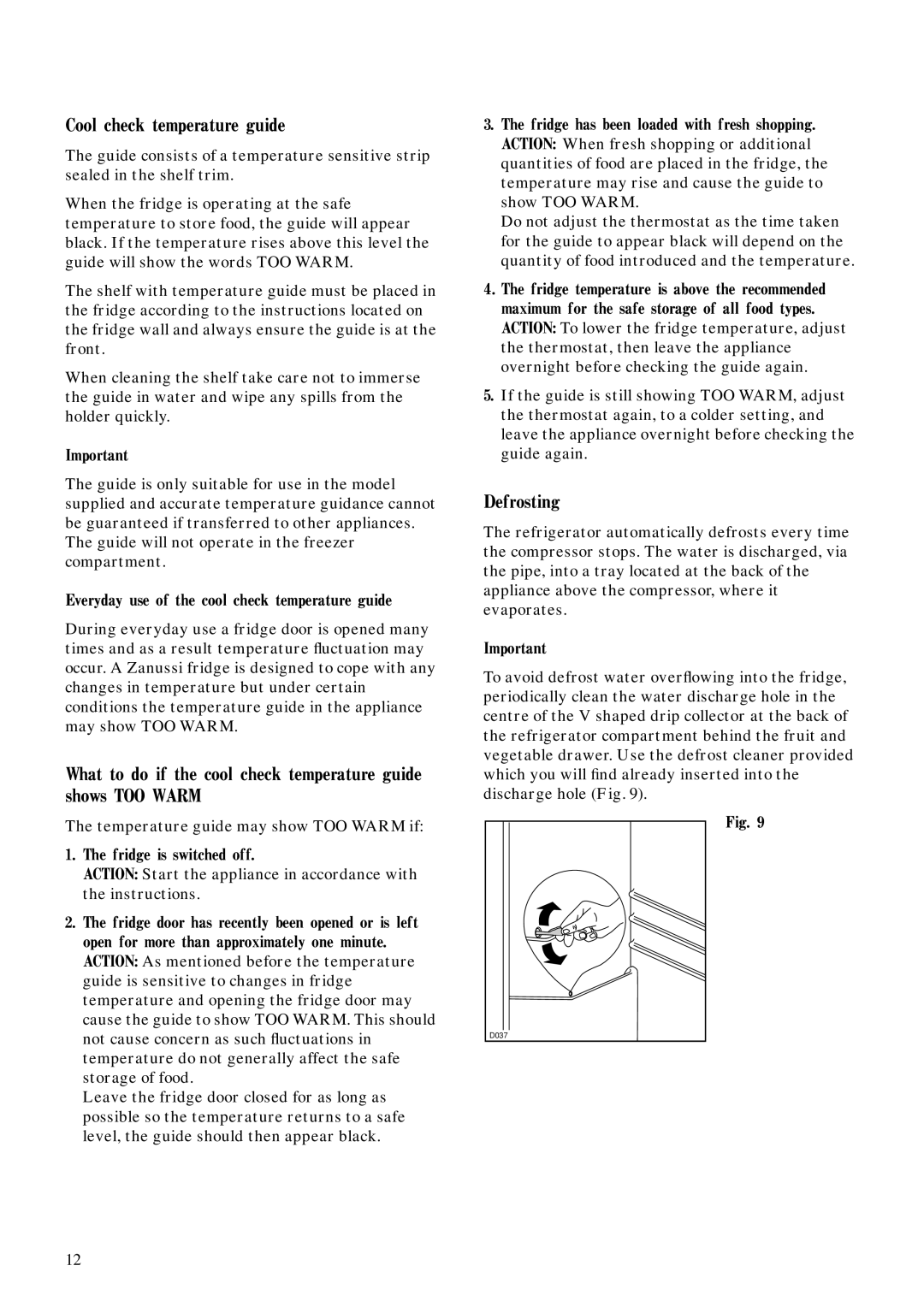 Zanussi ZFC 83 L manual Cool check temperature guide, Defrosting 