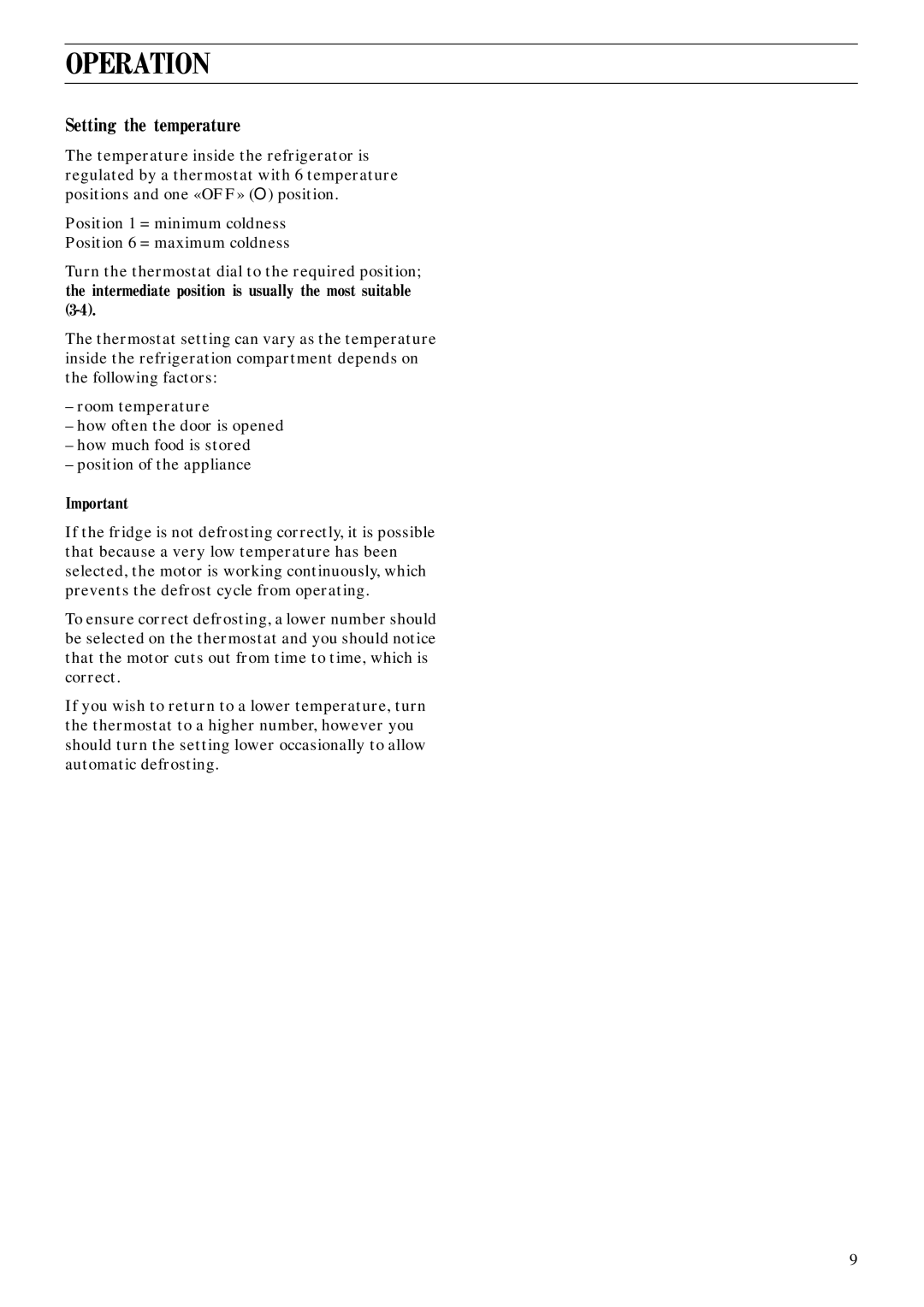 Zanussi ZFC 83 L manual Operation, Setting the temperature 