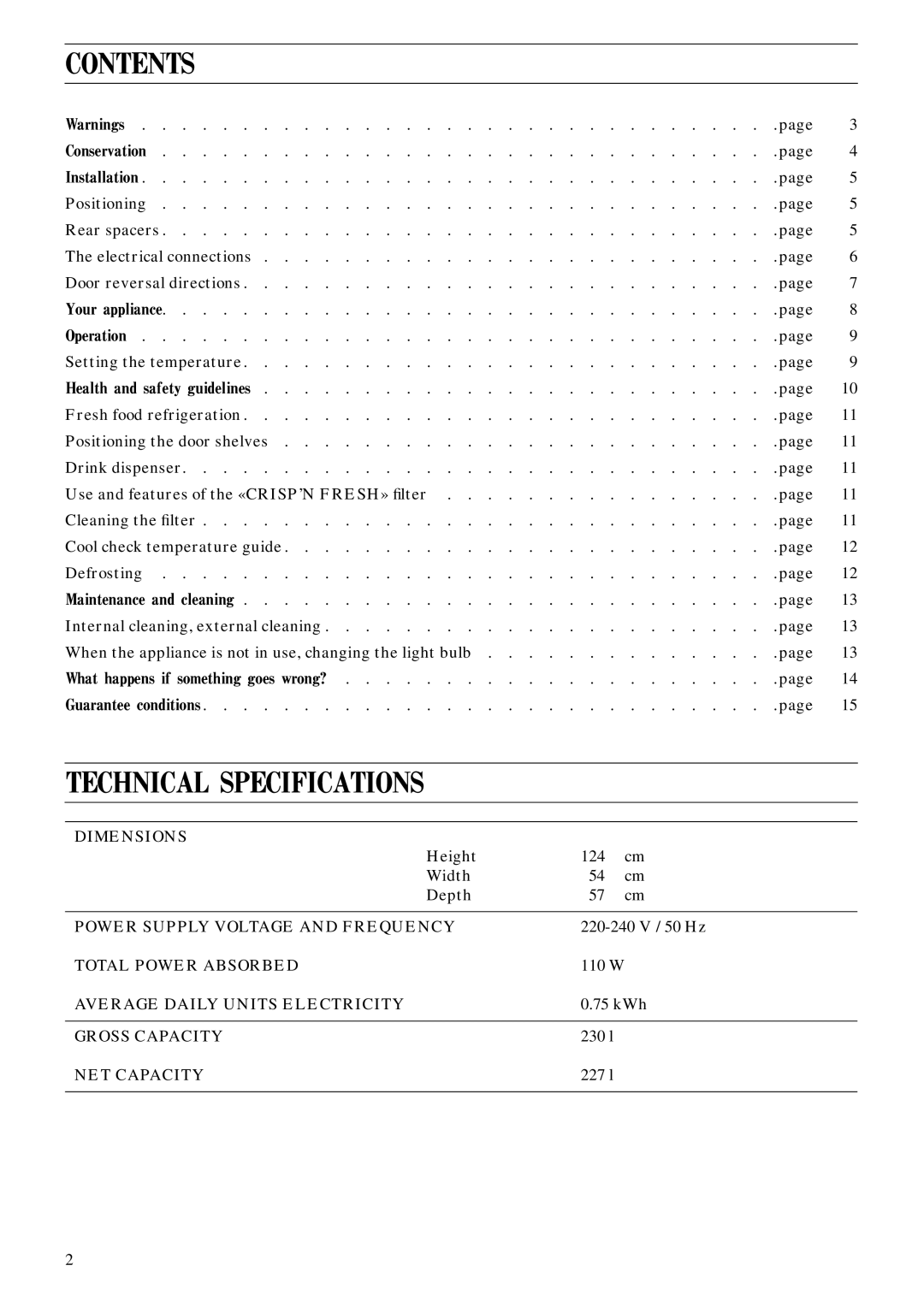 Zanussi ZFC 83 L manual Contents, Technical Specifications 