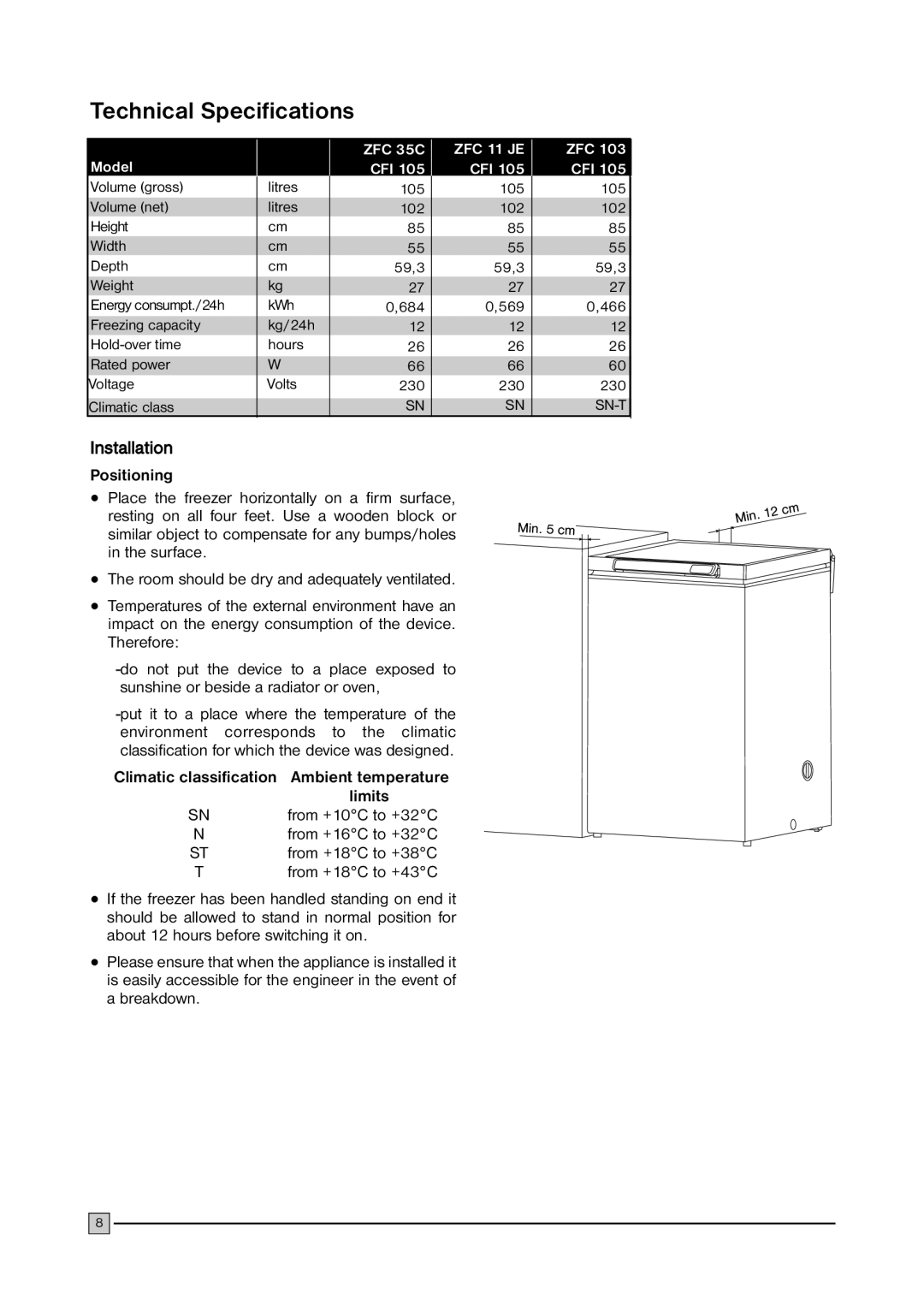 Zanussi ZFC103 installation manual Technical Specifications, Installation, Positioning, Limits 