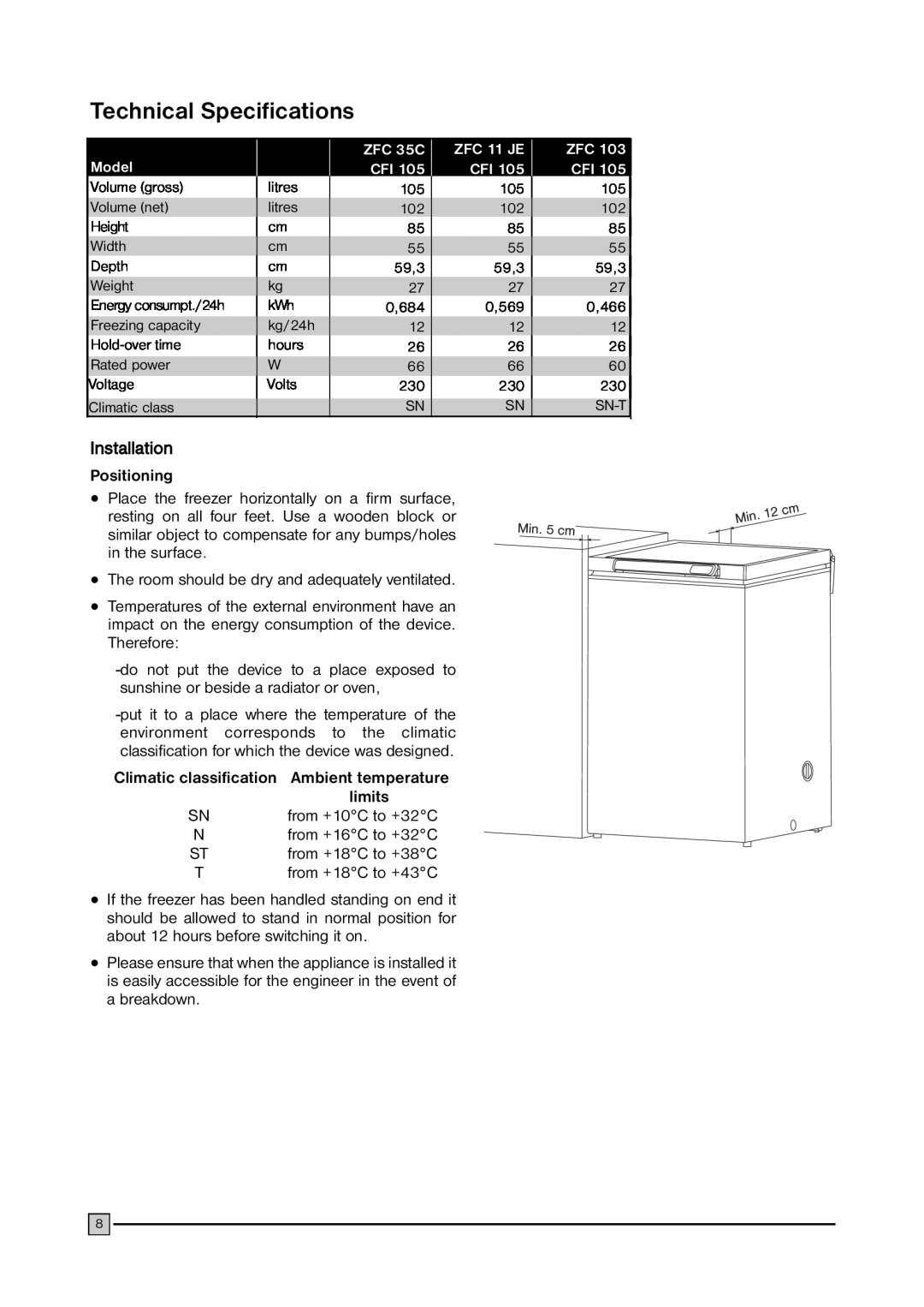 Zanussi ZFC103 installation manual Technical Specifications, Installation, Positioning, limits 