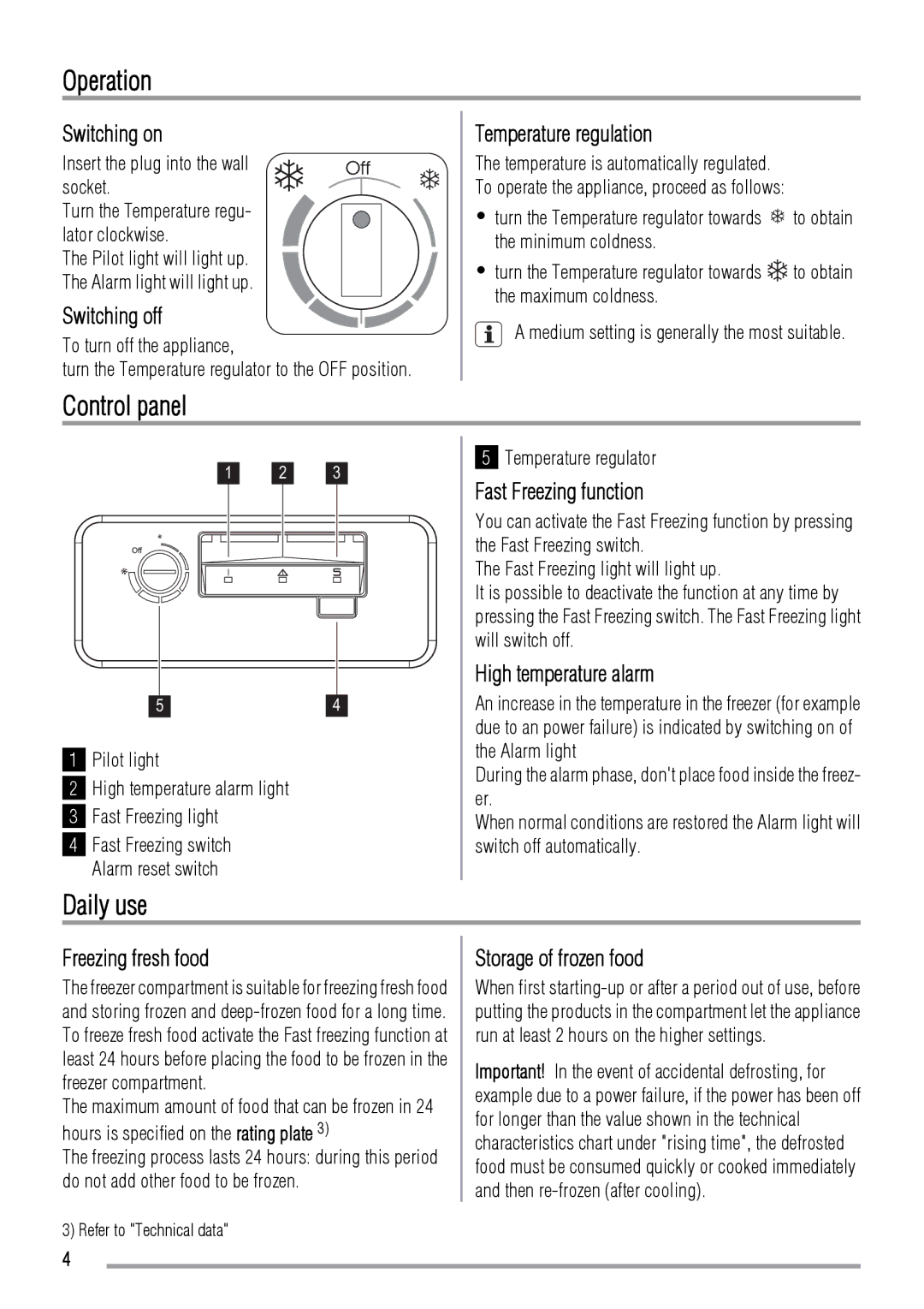 Zanussi ZFC627WAP, ZFC631WAP user manual Operation, Control panel, Daily use 