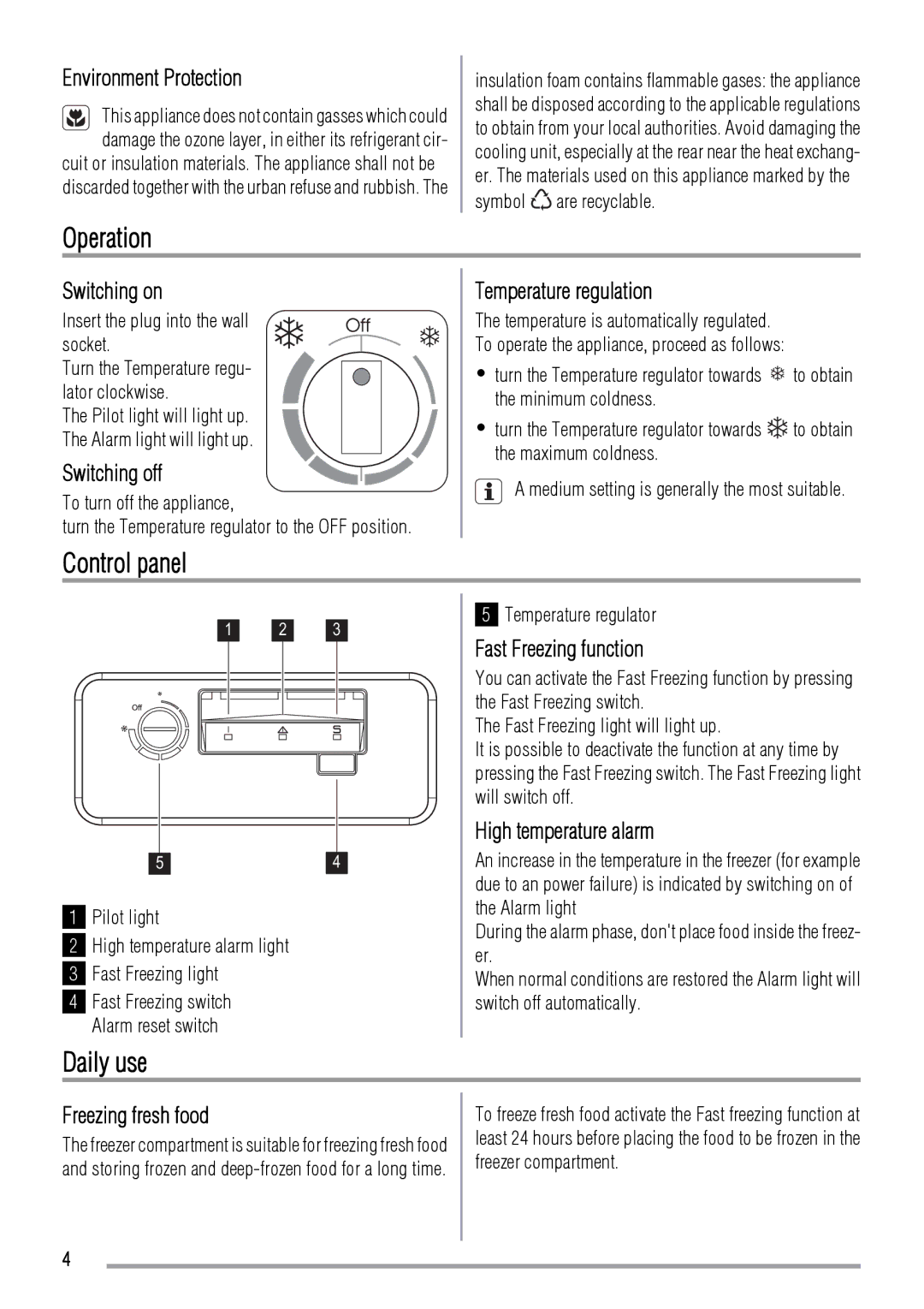 Zanussi ZFC639WAP, ZFC620WAP user manual Operation, Control panel, Daily use 