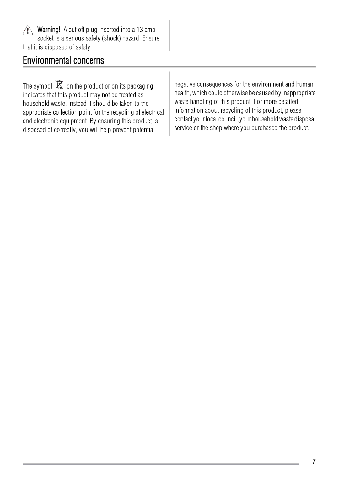 Zanussi ZFC620WAP, ZFC639WAP user manual Environmental concerns, That it is disposed of safely 