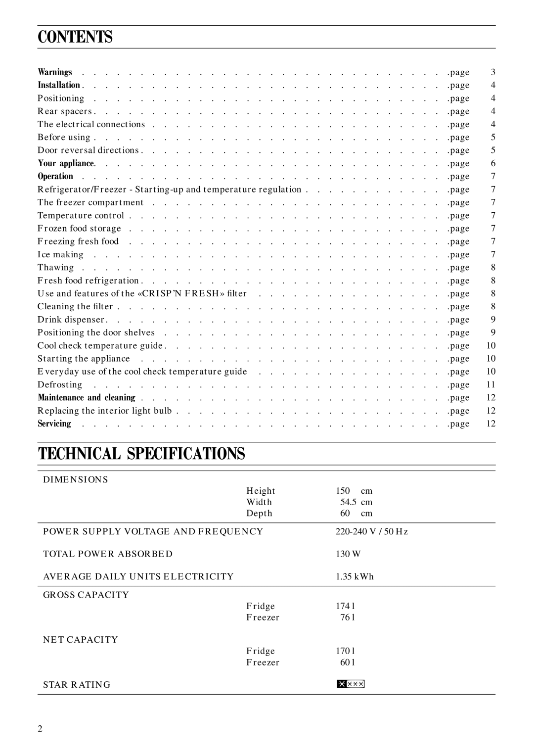 Zanussi ZFCA 62/26 manual Contents, Technical Specifications 