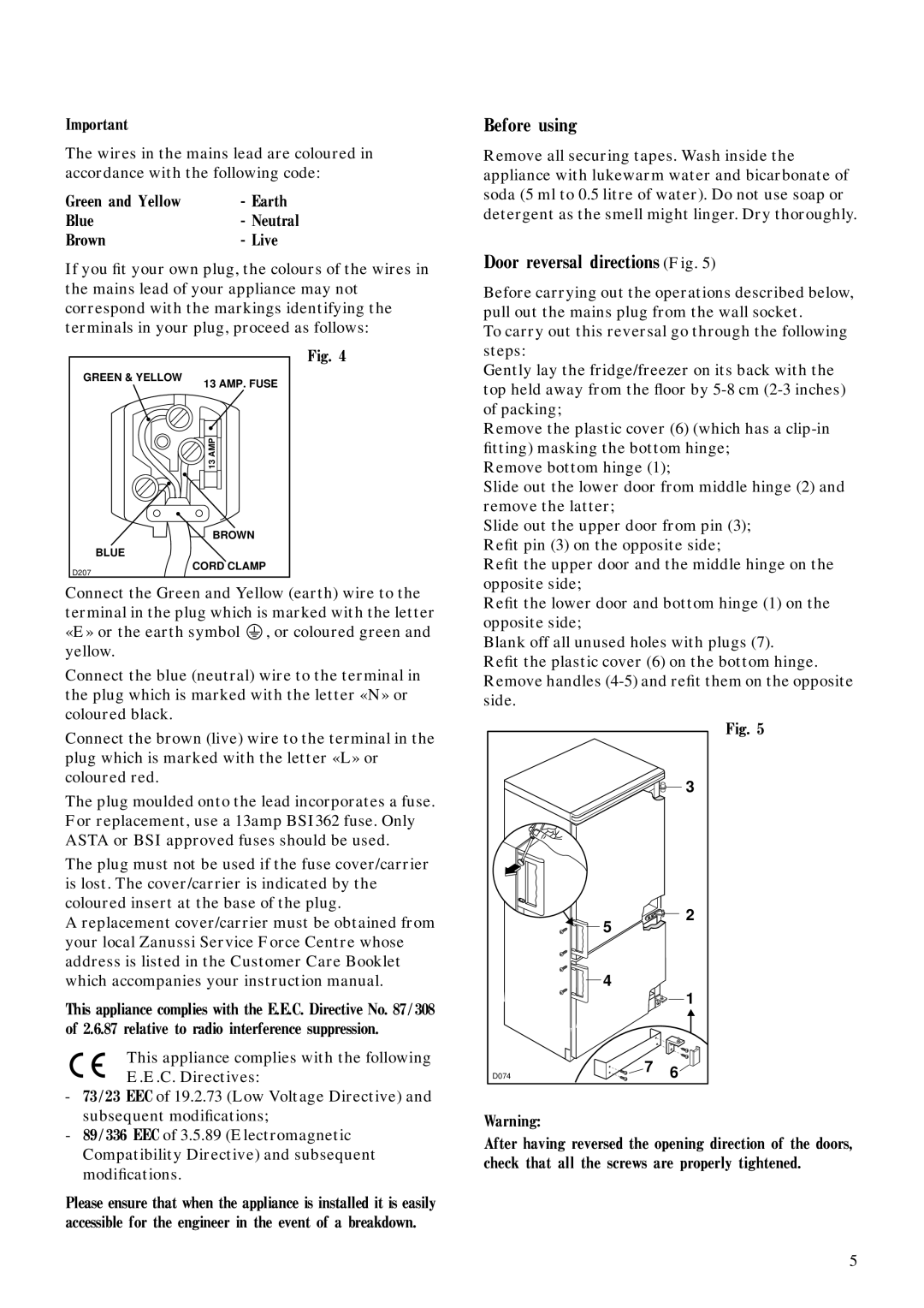 Zanussi ZFCA 62/26 manual Before using, Door reversal directions Fig 