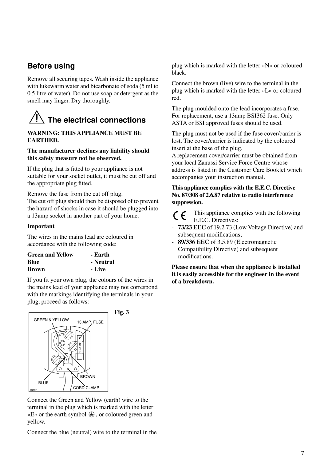 Zanussi ZFD 50/17 RAL manual Before using, Electrical connections 