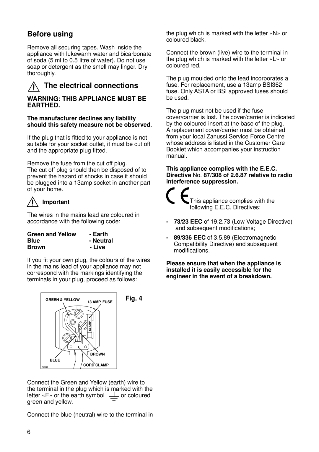 Zanussi ZFD 50/33 R manual Before using, Electrical connections 