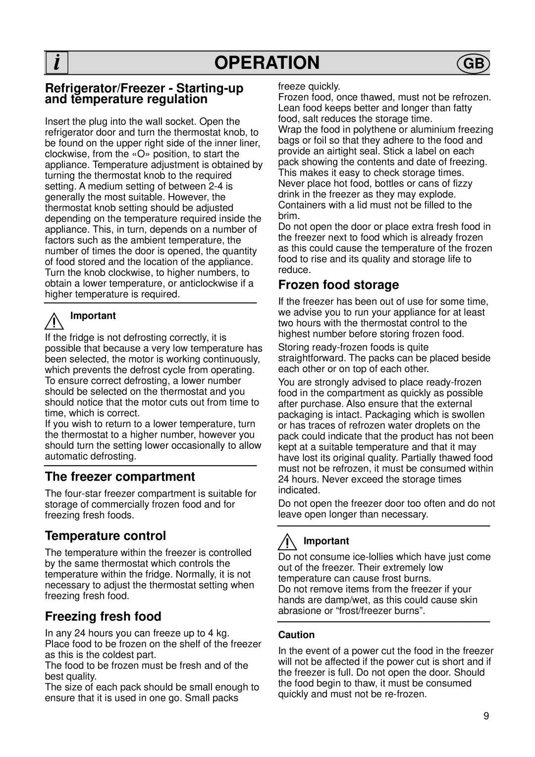 Zanussi ZFD 50/33 R manual Operationgb, Freezer compartment, Temperature control, Freezing fresh food, Frozen food storage 