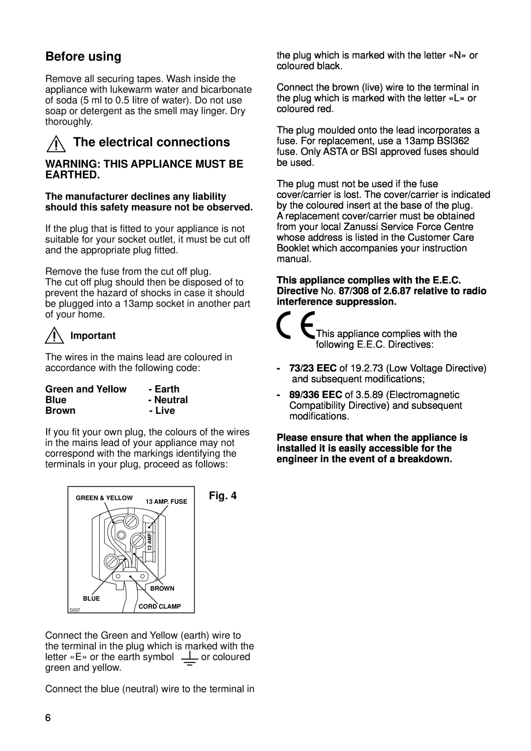 Zanussi ZFD 50/33 R manual Before using, The electrical connections, Warning This Appliance Must Be Earthed 