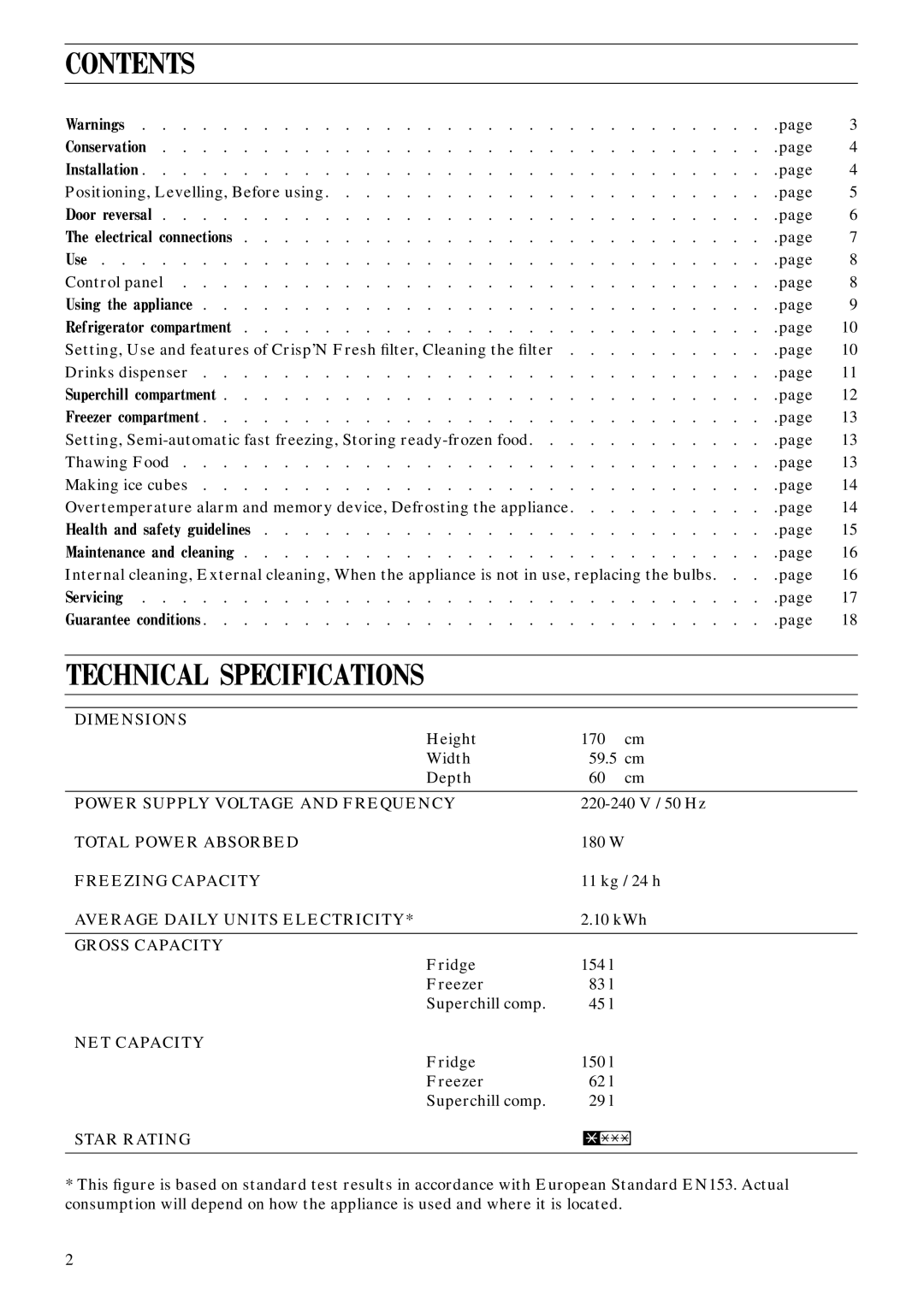Zanussi ZFE 102/3T manual Contents, Technical Specifications 