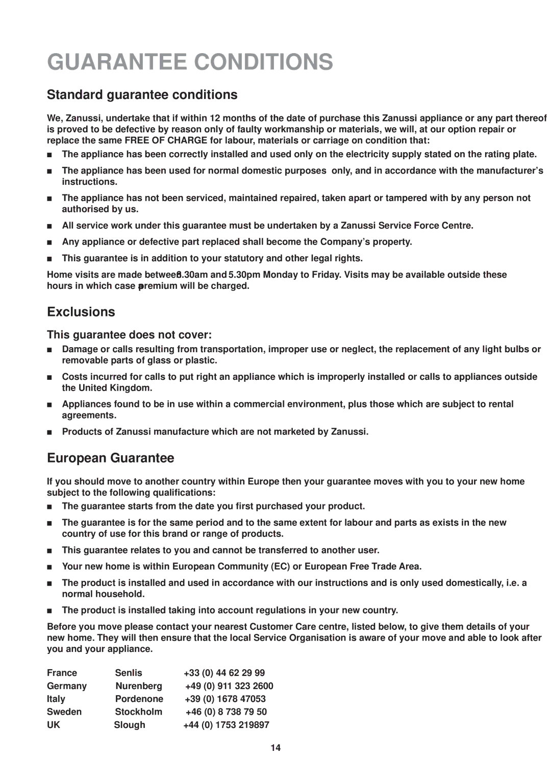 Zanussi ZFE 74 W manual Guarantee Conditions, Standard guarantee conditions, Exclusions, European Guarantee 