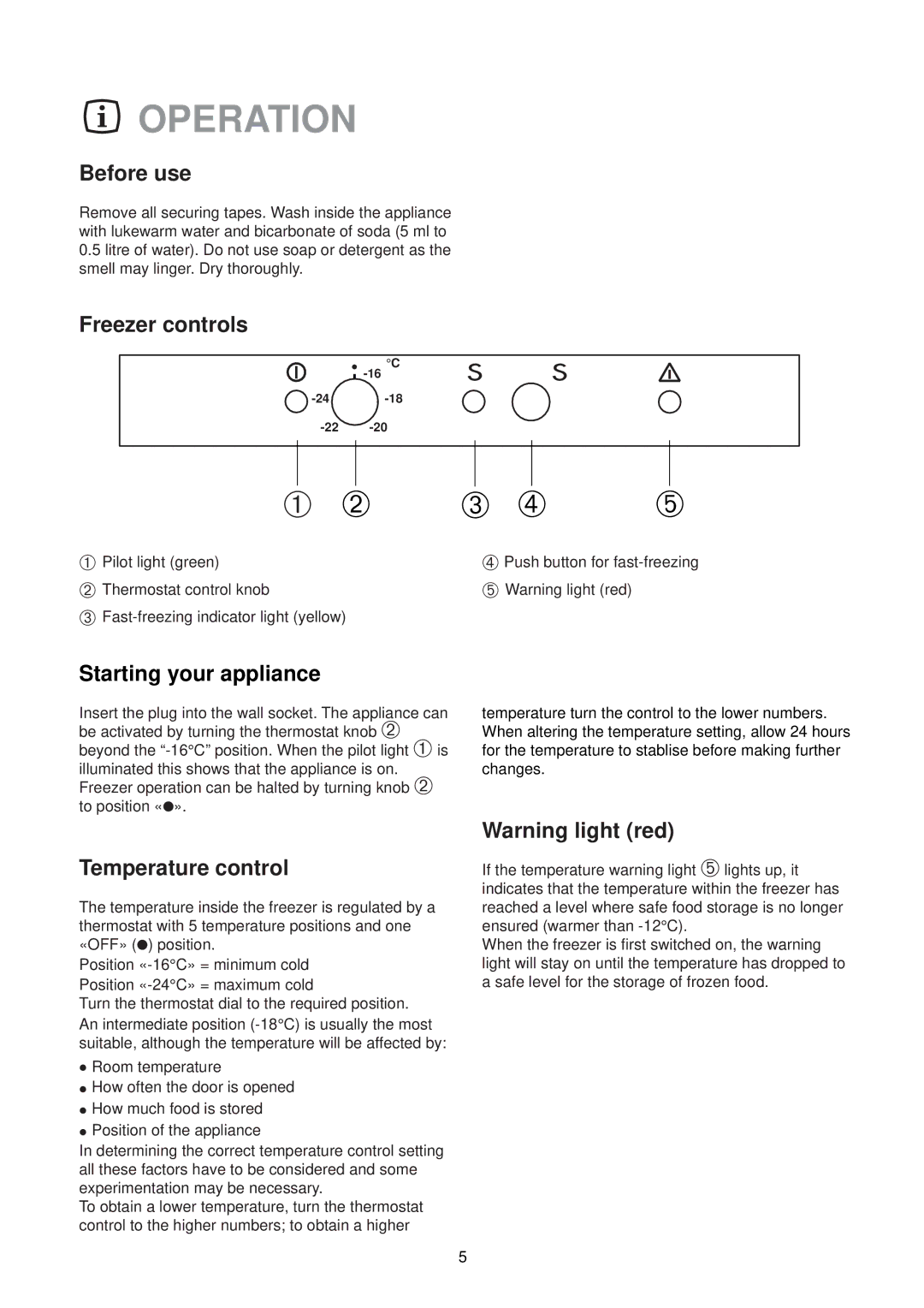 Zanussi ZFE 74 W manual Operation, Before use, Freezer controls, Starting your appliance, Temperature control 