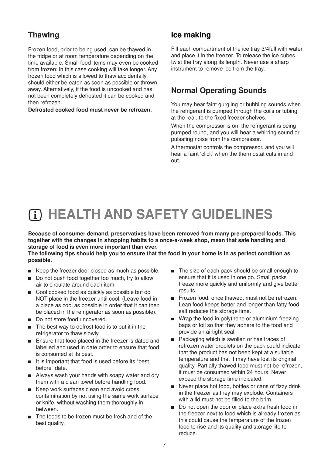 Zanussi ZFE 74 W manual Health and Safety Guidelines, Thawing, Ice making, Normal Operating Sounds 