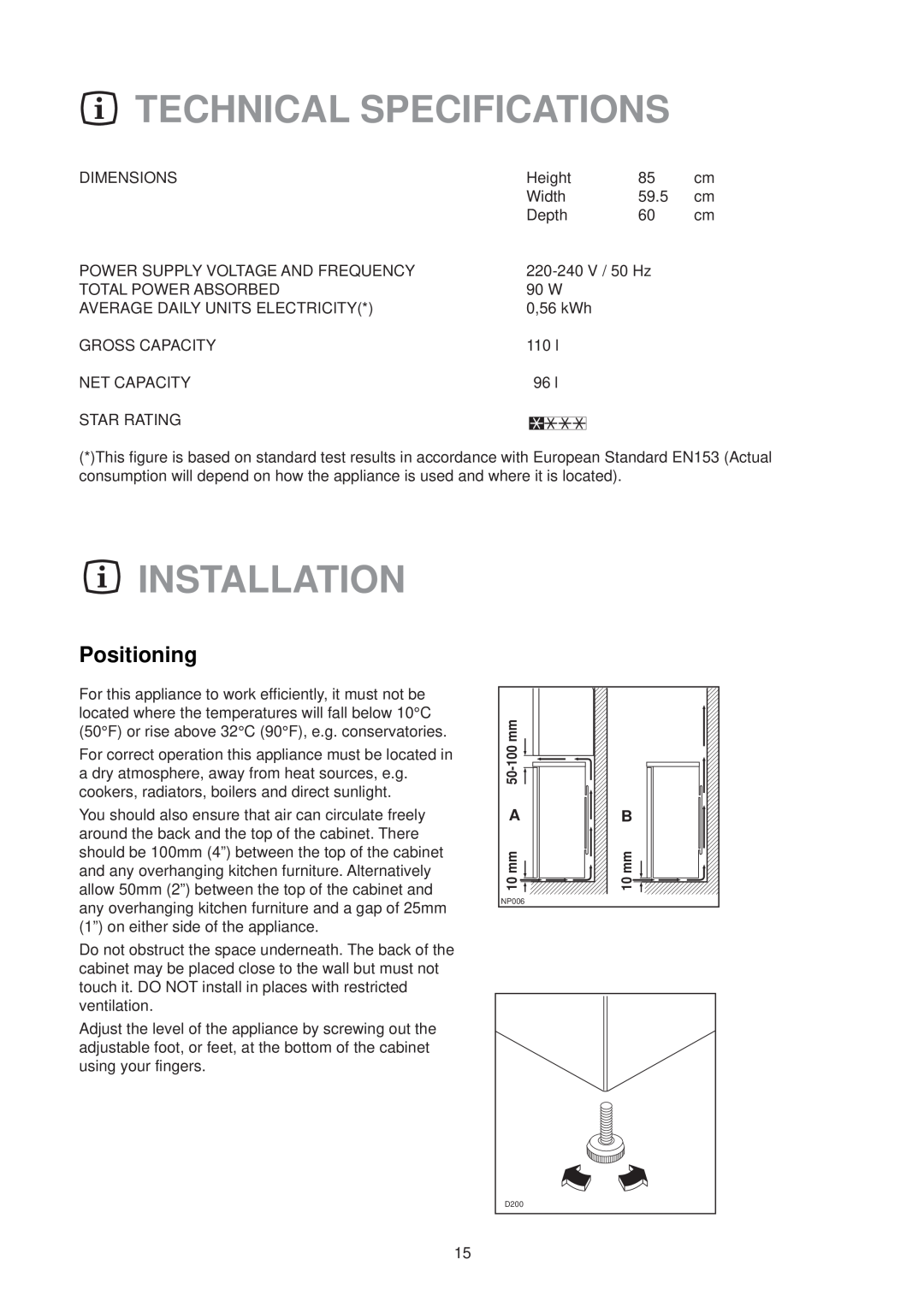 Zanussi ZFE 74 W manual Technical Specifications, Installation, Positioning 