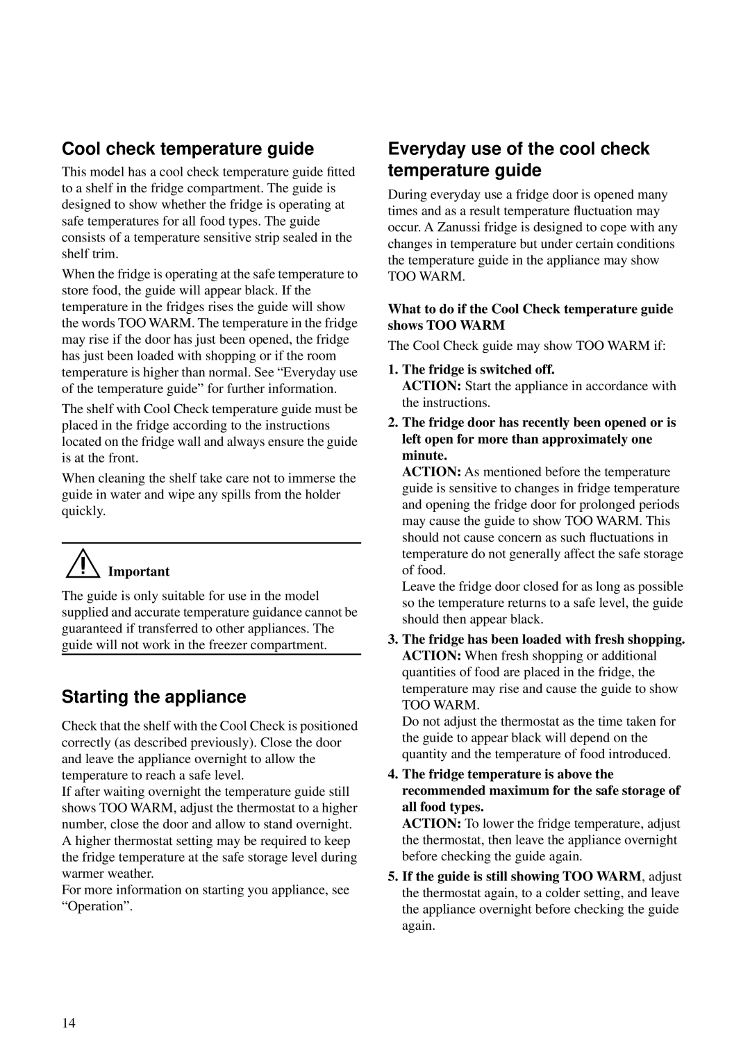 Zanussi ZFK 62/23 RF manual Cool check temperature guide, Starting the appliance 