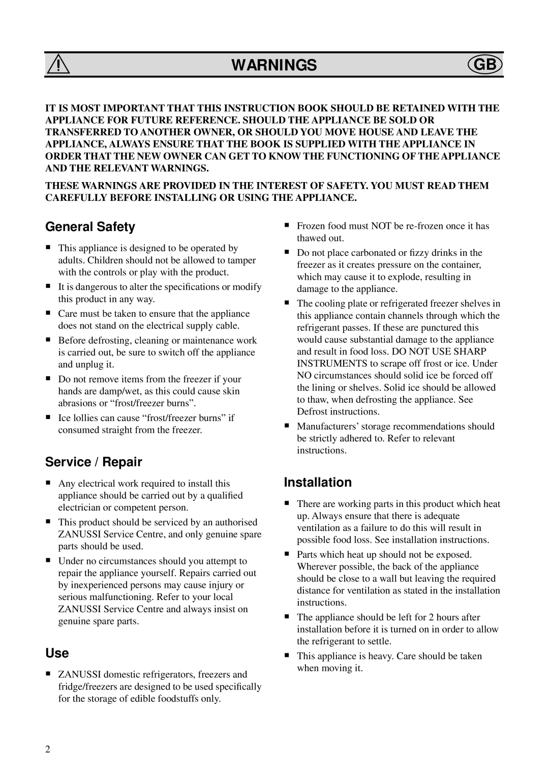 Zanussi ZFK 62/23 RF manual Warningsgb, General Safety, Service / Repair, Installation 