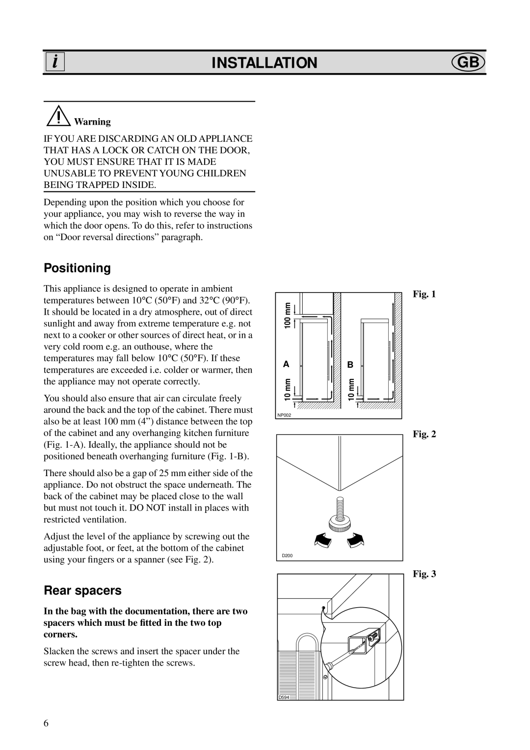 Zanussi ZFK 62/23 RF manual Installationgb, Positioning, Rear spacers 