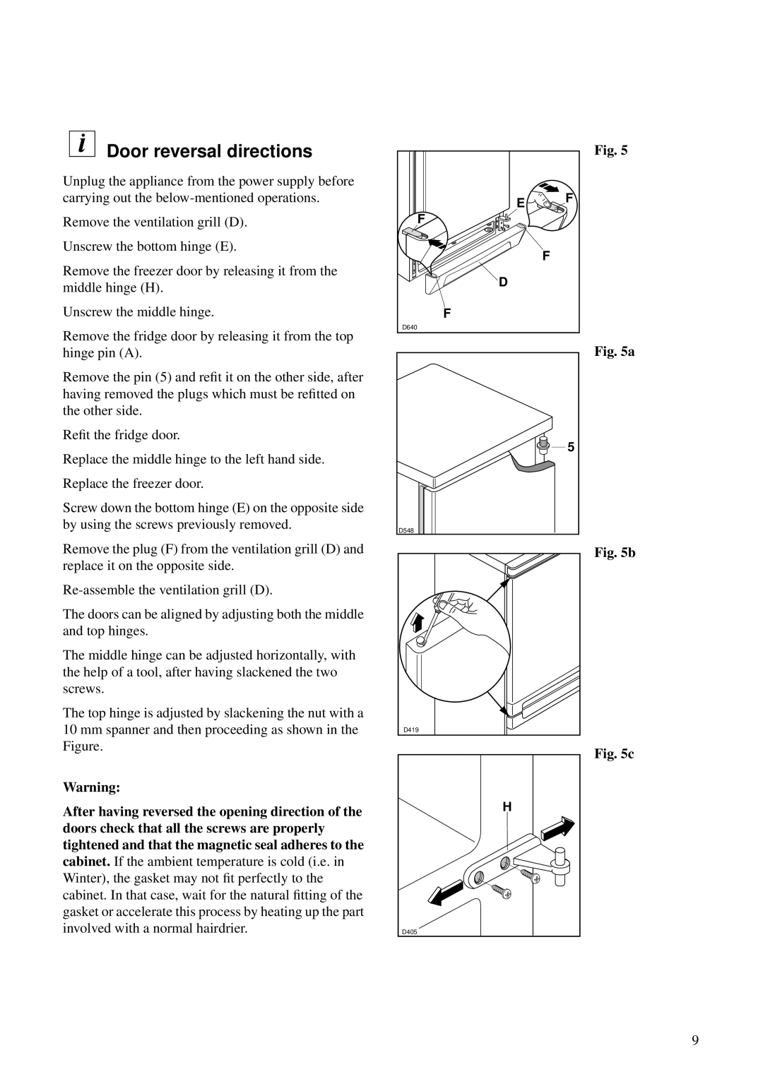 Zanussi ZFK 62/23 RF manual Door reversal directions, Fig. a b c 